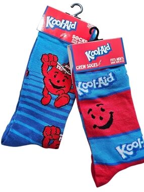 Kool-Aid Men's Crew Socks 2 Pairs- Red & Blue Cartoon Design, Size 6-12